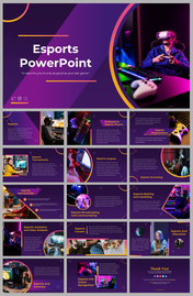 Esports PPT featuring a modern design with multiple slides on many topics set against a purple background.