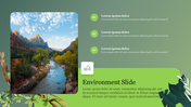 Environment themed slide with a scenic mountain river image, three numbered text points, and decorative plant graphics.