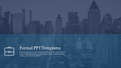 Formal PowerPoint template featuring a blue overlay with a city skyline in the background and a briefcase icon.