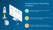 Computer science template with an illustration of two people, a computer screen, a rocket, icons, and three caption areas.