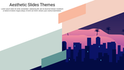 Abstract presentation slide with a pastel color scheme geometric shapes and a city skyline illustration with a title.