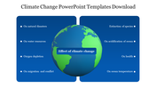 Blue-themed slide for discussing climate change, with a central globe surrounded by text on various environmental impacts.