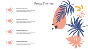 Tropical themed slide with leaves in coral and blue, and space for text descriptions in a minimal, pretty design.