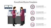 Illustration of two people in a lab setting performing an experiment, and four physics related icons with text on the right.