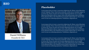 Slide for a professional bio, showcasing a photo on the left and text areas on the right against a blue theme.