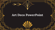 Art deco slide deck with intricate gold geometric patterns on a black background, featuring six different designs below.