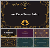 Art deco slide deck with intricate gold geometric patterns on a black background, featuring six different designs below.