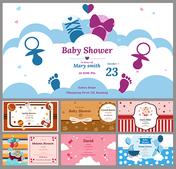 Colorful baby shower invitation slides with playful graphics and event details.