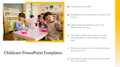 Childcare slide with a photo of children in a classroom and color-coded bullet points outlining key advantages.