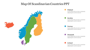 Illustrated map of Scandinavia with countries highlighted in different colors with caption area for each.