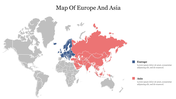 Map showing Europe in blue and Asia in red, with both continents highlighted against a gray background with text area.