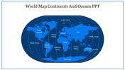 World map continents and oceans slide featuring a detailed map highlighting all continents and oceans on a blue backdrop.