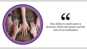 Purple bordered circle with diverse hands on wood background beside a diversity quote on white area.