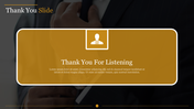 A professional thank you slide with a sleek dark background complemented by a bold, golden overlay and caption area.