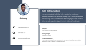 Professional self-introduction slides with a photo, contact details, skills, languages, and achievements in a clean layout.