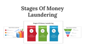 Slide deck in various shapes featuring different diagrams and illustrations explaining the three stages of money laundering.