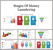 Slide deck in various shapes featuring different diagrams and illustrations explaining the three stages of money laundering.