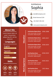 Brown themed architecture resume slide featuring a professional photo of a woman named Sophia, outlining her contact details.