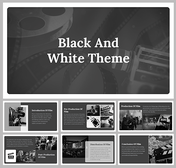 Slide deck with a black and white film theme, showcasing stages like pre and post production with grayscale visuals.