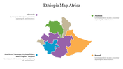 Colorful map of Ethiopia slide highlighting four regions with placeholder text.