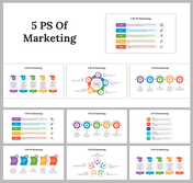 Set of colorful slides breaking down the 5 Ps of marketing into distinct sections with icons and color coded segments.