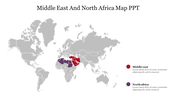 Gray world map highlighting the Middle East in red and North Africa in purple, with corresponding captions on the right.