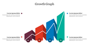 3D bar graph with four ascending blocks in maroon, red, blue, and green, each labeled, with a white line showing growth.