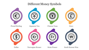 Different money symbols displayed in colorful circles, including Swiss franc, Japanese yen, dollar, and pound sterling.