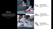 Black and white layout with two red and gray sneaker photos in the middle, paired with three shoe icons and text.