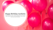 Pink-themed birthday slide featuring balloons and a white text circle, creating a cheerful and aesthetic design.