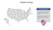 Fillable US map slide with state abbreviations and a text box for content, including a circular flag graphic.