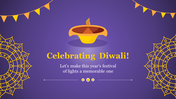 Illustration of a Diya lamp, decorative mandalas, and hanging flags on a purple background celebrating Diwali.