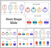 Collection of next steps slides in circular, linear, and arrow-based designs with colorful icons and text area.