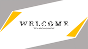 Minimalistic welcome slide with bold title area and a gratitude message area highlighted by yellow and gray patterns.