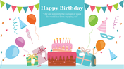 Festive birthday slides showing a multi layered cake, balloons, gifts, and colorful flags with celebration accessories.