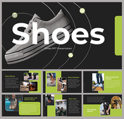 A pack of slides showcasing various shoe related topics with a prominent sneaker image, covering shoe history and trends.