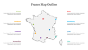 Map of France highlighting major cities with colored markers and text boxes, including Paris, Bordeaux, and Nice.