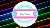 Circular white overlay with pink and blue border in center, set against a background of colorful horizontal neon stripes.