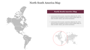 A grey shaded map slide displaying the continents of north and south america with a highlighted circle and placeholder text.