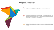 Colorful origami bird illustration on the left, with three text sections about its history and pronunciation on the right.