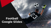 A slide deck of soccer player in black catching a football mid-air, surrounded by placeholder text and a dramatic sky.