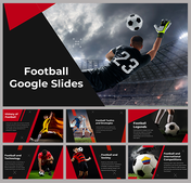 A slide deck of soccer player in black catching a football mid-air, surrounded by placeholder text and a dramatic sky.