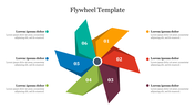 Colorful six-segment flywheel diagram, numbered 01 to 06, with text areas on the left and right sides.