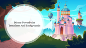 Disney-themed slide background showcasing a magical castle with floating islands and hot air balloons with title text area.