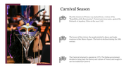 Carnival-themed slide featuring a vibrant mask and text explaining the origins and revival of the Carnival of Venice.