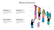 Illustration of a group of people lifting colorful letters of the word team with four text areas.