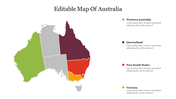 Australia map split into colored sections, highlighting states with green, grey, maroon, red, and yellow areas with captions.