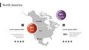 Gray map of North America with red and purple percentage icons, and text descriptions on both sides.