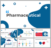 A pack of pharmaceutical slides with blue and red medical icons, syringe illustrations, DNA structures, and data charts.