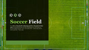 Slide with a top-down view of a soccer field, with text detailing field dimensions and soccer ball icons on the left.